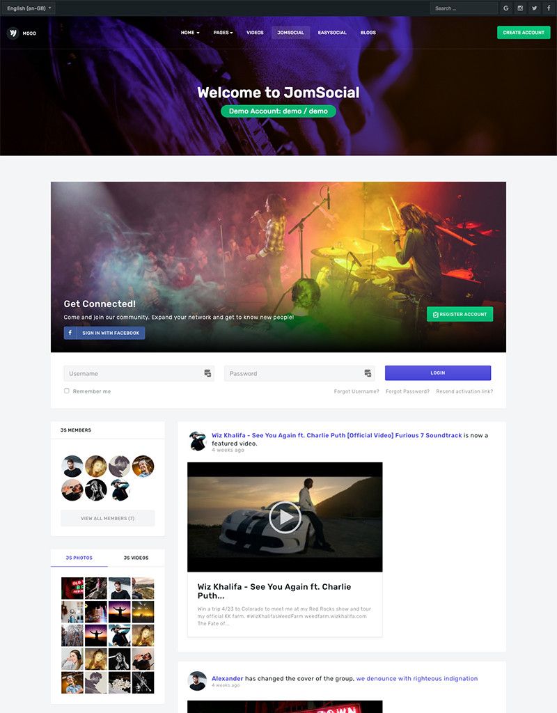 JA MoodJA Mood is Stunning music, community and social Joomla template designed by JoomlArt. The Joomla template fully supports JomSocial component with creative design. All JomSocial page style is customized to fit the template design.